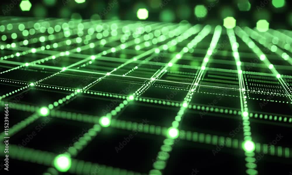 Poster abstract green grid network digital technology background futuristic illuminated nodes connections