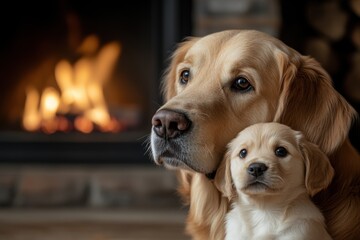 home pet introductions, an adult dog giving a tour to a puppy in a warm kitchen by the fireplace, dinner scents in the air, cozy scene