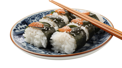 A close-up of black chopsticks grasping a piece of sushi roll, perfect for Asian cuisine lovers, studio view, isolated on transparent background.