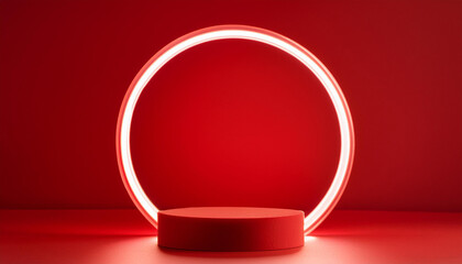 Neon circle and platform for product placement. Empty pedestal. Red backdrop. Mock-up.