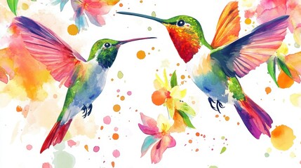 fashion seamless texture with ethnic floral ornament and hummingbirds. watercolor painting