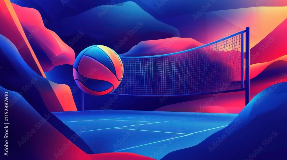 Poster abstract shapes forming a volleyball and net.