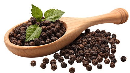 Culinary-grade black peppercorns in a classic wooden scoop, a must-have for flavor enthusiasts, studio view, isolated on transparent background.