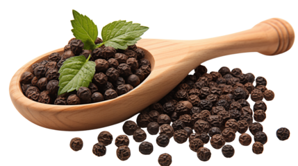 Culinary-grade black peppercorns in a classic wooden scoop, a must-have for flavor enthusiasts, studio view, isolated on transparent background.