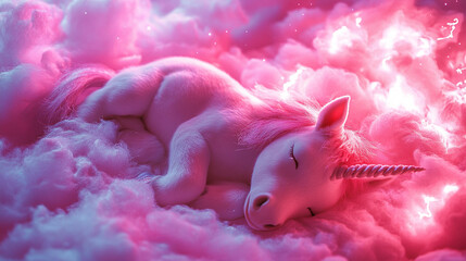 realistic photo 8k of a small, adorable baby unicorn sleeps peacefully on a soft, fluffy pink cloud. Its tiny 
