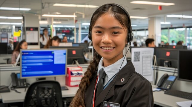 Cheerful call center agent in modern office setting with headset engaging with customers