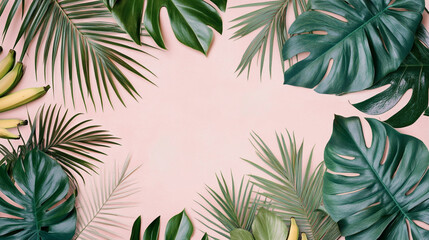 Naklejka premium Tropical leaves and bananas arranged on a soft pink background for a refreshing natural aesthetic