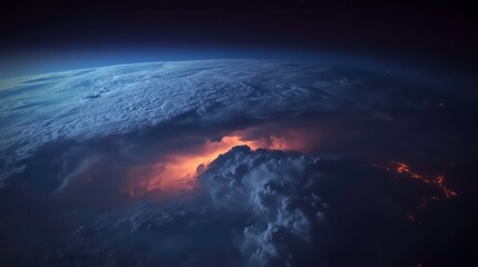 Aerial satellite view of a powerful hurricane storm swirling clouds over the Gulf of Mexico at night