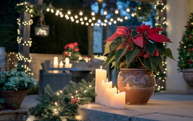 Elegant Festive Vibes, Festive Christmas patio scene with poinsettia, candles, and string lights.