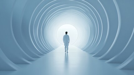 Obraz premium Silhouetted man in a white coat walking through a futuristic tunnel with glowing blue rings leading to a bright circular light