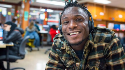 Cheerful call center agent in modern office, engaging with customers through headset