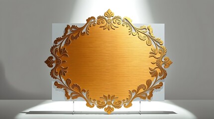 stock photo A blank metallic floral patterned sign with a brushed gold finish on a background showcasing warm autumn colors and intense dramatic lighting. 