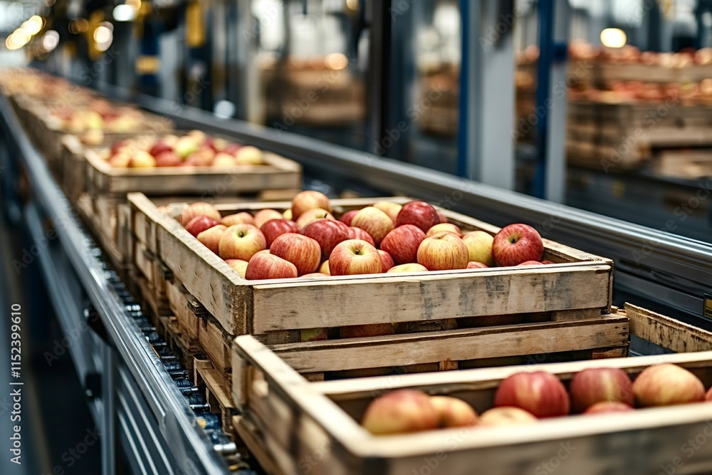 Poster wooden crates full of ripe red apples are moving on a conveyor belt inside a fruit processing factor