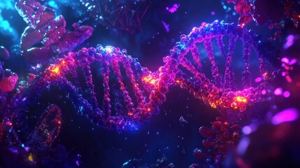 Glowing DNA helix, vibrant colors, abstract background.