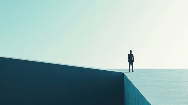 Silhouette of a man standing on the edge of a geometric blue platform under a gradient sky