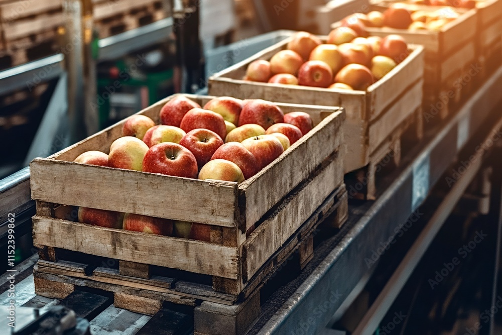 Poster wooden crates full of ripe red apples moving along on a conveyor belt inside a fruit processing fact