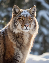portrait of wild animals in snow, like tigers, lynxes, and wolves.