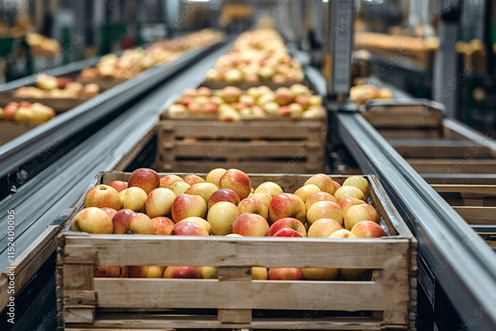 Poster wooden crates full of ripe, red and yellow apples are transported on a conveyor belt system inside a