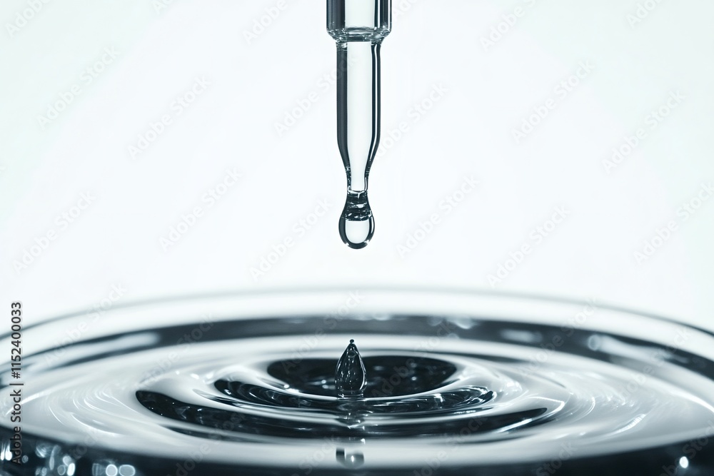 Aufkleber pipette is dropping a single drop of transparent liquid into a petri dish, creating concentric rippl