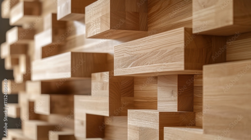 Poster wall covered in a grid of rectangular wooden blocks, creating a textured and visually appealing patt