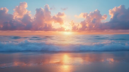 Obraz premium Serene sunrise over calm ocean waves with pastel clouds reflecting on wet sand.