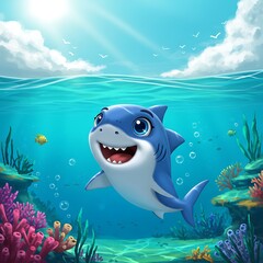 Happy Cartoon Shark Swimming in a Sunlit Coral Reef