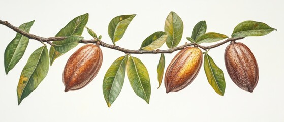 cacao pods and leaves on a branch