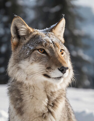 portrait of wild animals in snow, like tigers, lynxes, and wolves.