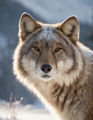 portrait of wild animals in snow, like tigers, lynxes, and wolves.