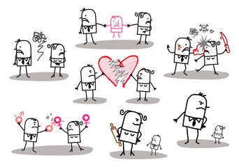 Set of 7 illustrations - Hand drawn cartoon stick characters - fighting couples and divorce, sadness, harassment, violence, domination