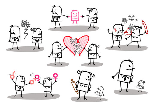 Set of 7 illustrations - Hand drawn cartoon stick characters - fighting couples and divorce, sadness, harassment, violence, domination