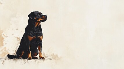 Majestic Rottweiler dog sitting, painted art.