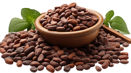 Raw cacao beans with a rich texture, ideal for culinary and organic lifestyle themes, studio view, isolated on transparent background.