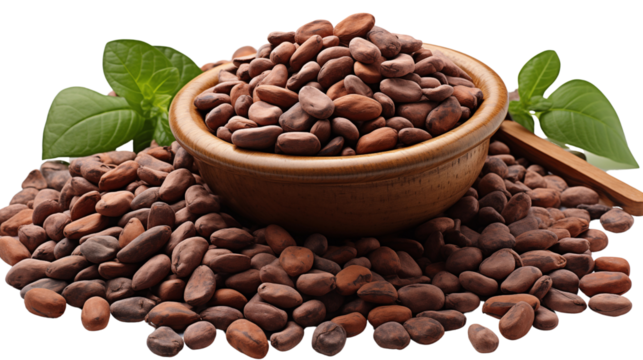 Raw cacao beans with a rich texture, ideal for culinary and organic lifestyle themes, studio view, isolated on transparent background.