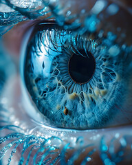 A closeup of a human eye with liquid droplets on the azure iris and eyelashes. The electric blue color of the eye shines beautifully in the light