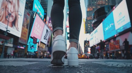 Obraz premium A person walks through a vibrant city street, surrounded by towering buildings and bright advertisements. The energy and movement are palpable.