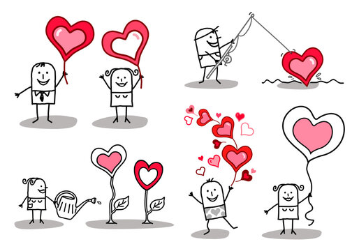 Set of 5 illustrations - Hand drawn cartoon stick characters - men and women with big hearts in different situations and concepts