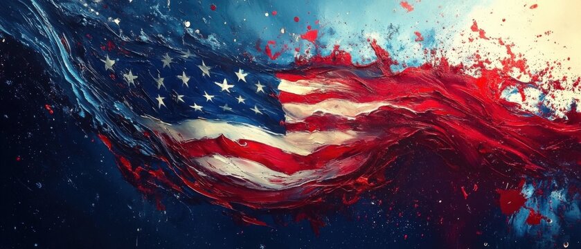 an abstract painting of an american flag in red white and blue