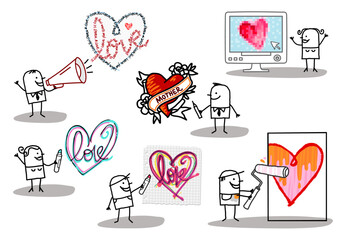 Set of 6 illustrations - Hand drawn cartoon stick characters - men and women with big designed hearts in different styles