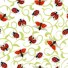 Pattern with ladybirds on a colored background.Ladybugs on a background of colored curlicues in a seamless pattern.