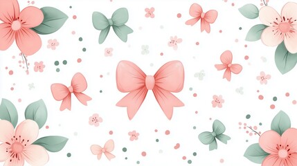 Delicate Floral and Bow Pattern in Pastel Colors on White Background, elegant design perfect for stationery, wallpaper, or fabric applications.