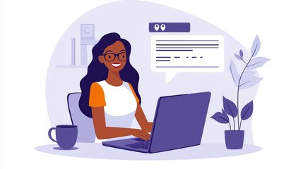 Illustration of a smiling professional woman working on a laptop in an office.