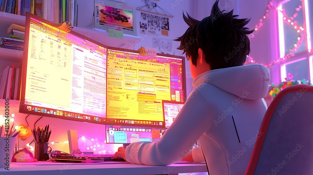 Poster Young Programmer Working Late Night On Coding Project