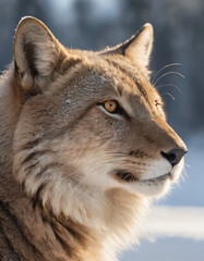 portrait of wild animals in snow, like tigers, lynxes, and wolves.