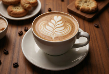 Steaming Cappuccino with Intricate Latte Art and Biscotti