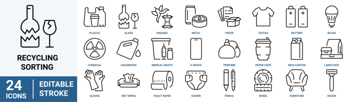 Recycling and sorting web line icons. Recycling thin line icons isolated on white. Plastic, glass, food. Ecology icon set. Environment.