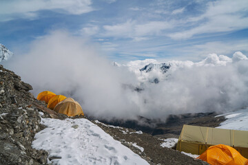 Beautiful High Himalayas mountains from Mera Peak high camp site at 5700m. Last camp before 6476m...