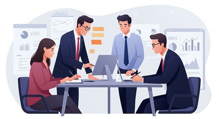 A corporate team and manager working together in a meeting. Their focused energy signifies a collaborative effort, ideas are exchanged and strategies are formulated to propel the business forward.
