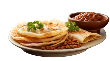 A popular Indian combination of chole curry and deep-fried bhature served fresh on a plate, studio view, isolated on transparent background.