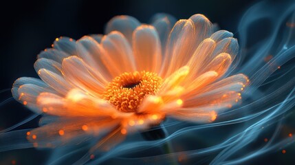 Glowing orange flower with smoke trails.